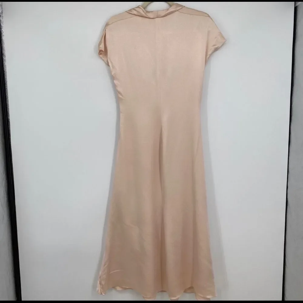 Ralph Lauren Gathered Silk Champagne Plunging Dress Short Sleeves Collared Gown - Picture 8 of 12